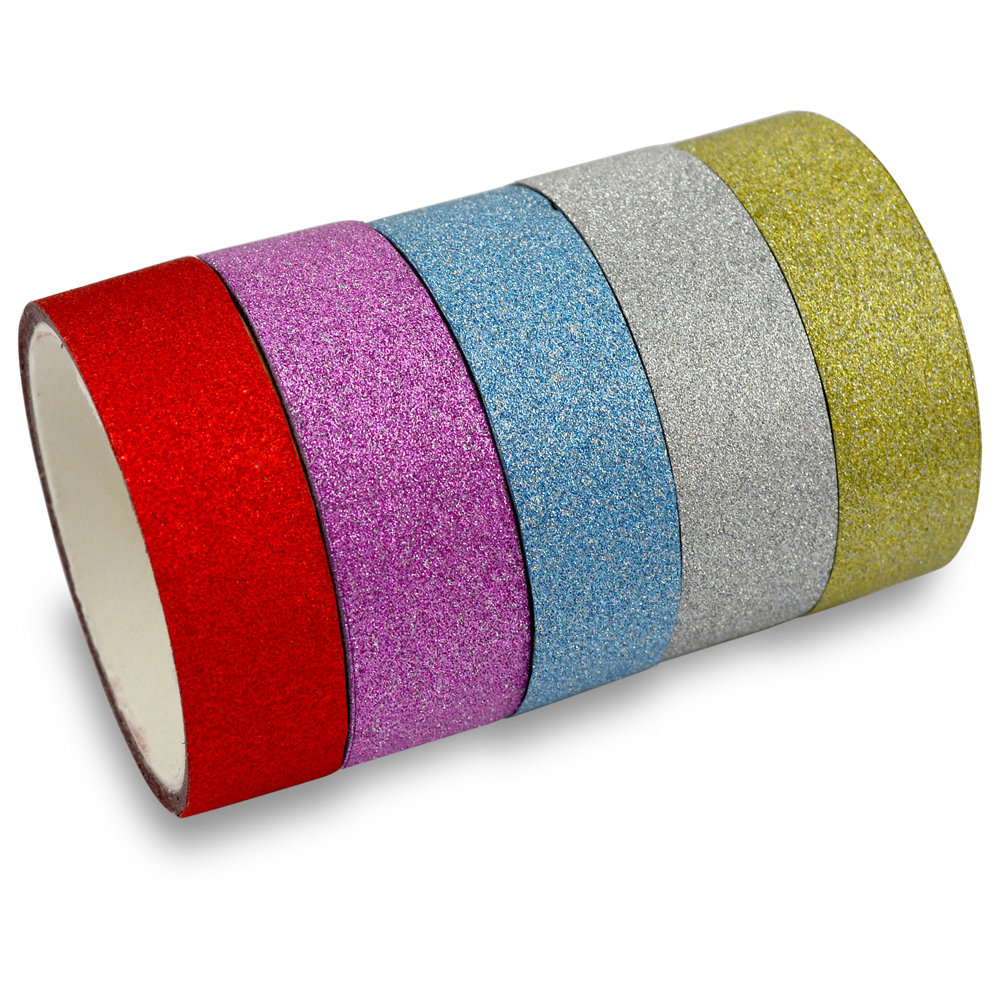 Meyco Glitter Washi tape 5 stuk, rood, zilver, goud, blauw en roze