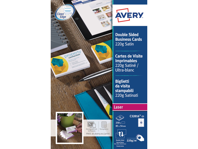 Visitekaartjes Avery 85x54mm 220gr wit mat laser doos 25 ve
