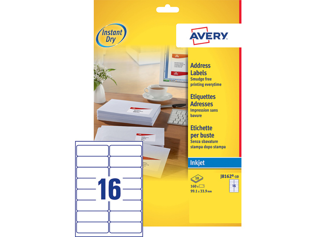 Inkjetetiket Avery 99,1x33,9mm wit doos 10 vel 16 et. per vel