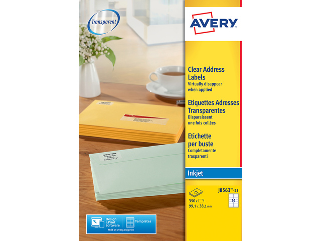 Adresetiket Avery 99,1x38,1mm transp. doos 25 vel 14 et. per