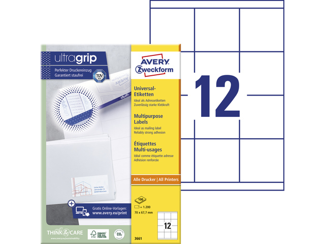 Etiket Avery ILK 70x67,7mm wit doos 100 vel 12 et. per vel