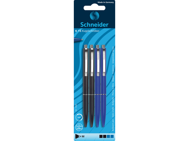 Balpen Schneider K15 navulb. blister 4st 2x zwart, 2x blauw