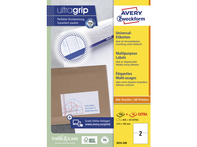 Etiket Avery ILK 210x148mm wit doos 200 vel 2 et. per vel