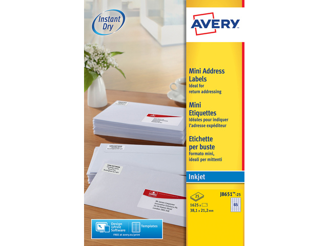 Inkjetetiket Avery 38,1x21,2 wit doos 25 vel 65 et. per vel