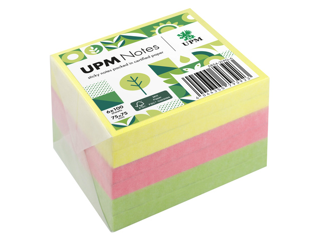 UPM notes 75x75 ass. kleur pak 6x100vel geel, roze, groen