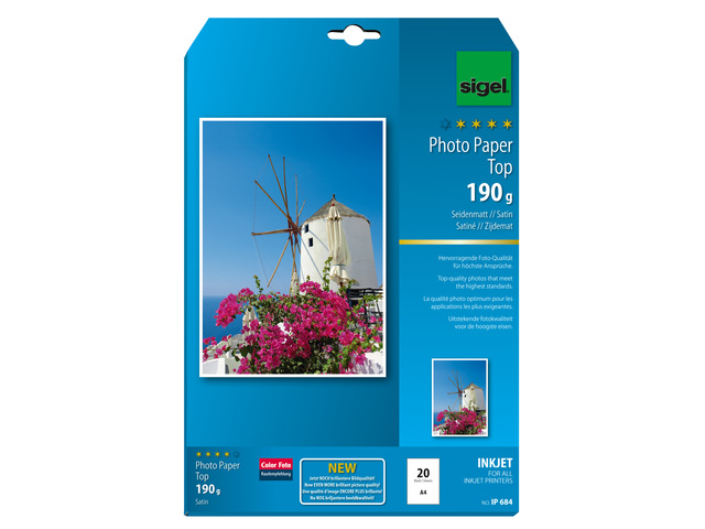 Inkjetfotopapier Sigel A4 Top 190grs hoogwit 20 vel zijdemat