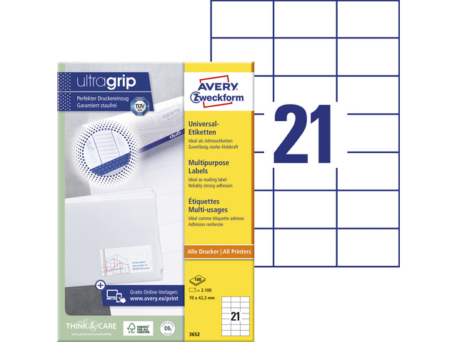 Etiket Avery ILK 70x42,3mm wit doos 100 vel 21 et. per vel