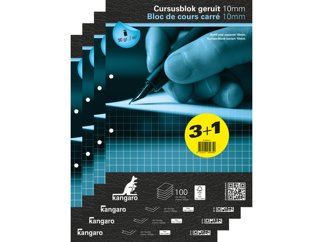 Cursusblok Kangaro A4 ruit 10mm, krimp a 4 pak