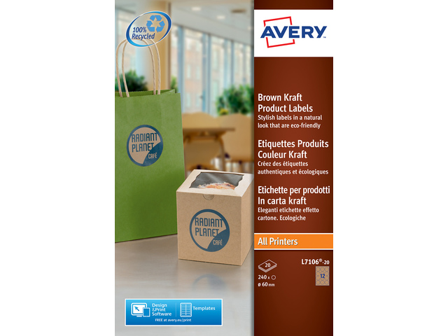 Produktetiket Avery rond 60mm kraft ILK doos 20vel 12et. pv
