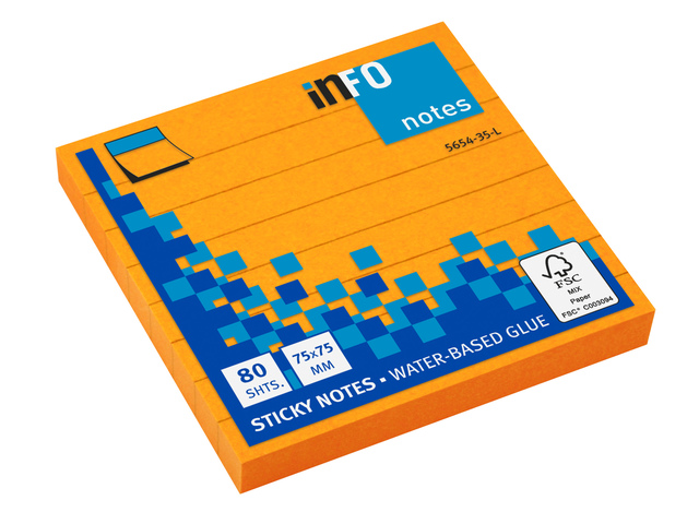 Info notes 75x75mm gelinieerd fel oranje 80 blad