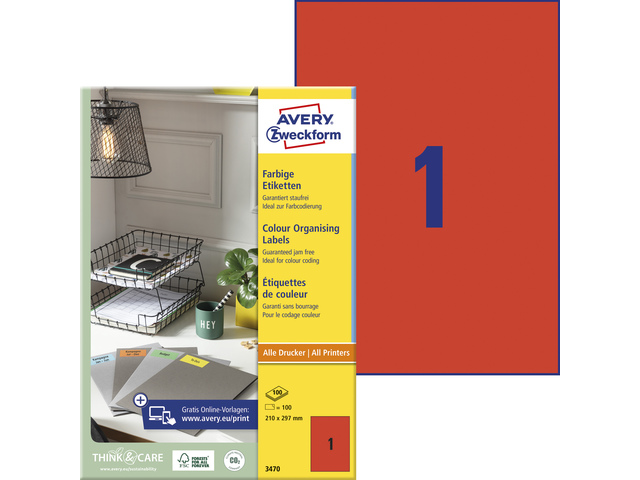 Etiket Avery ILK 210x297mm doos 100 vel 1 et. per vel roo