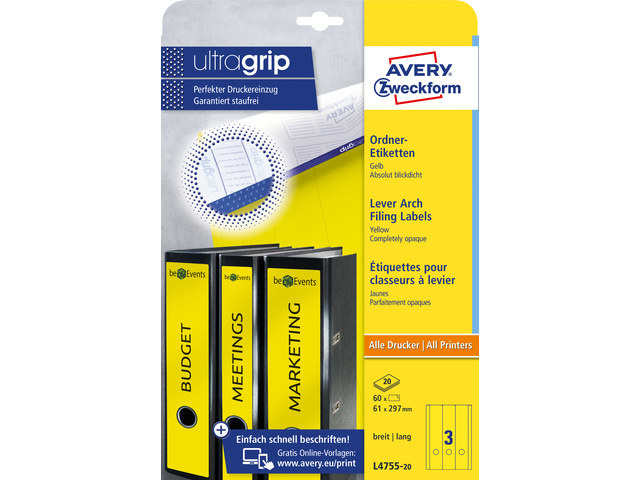 Ordnerruget. Avery 297x61mm doos 20 vel 3 et. per vel geel