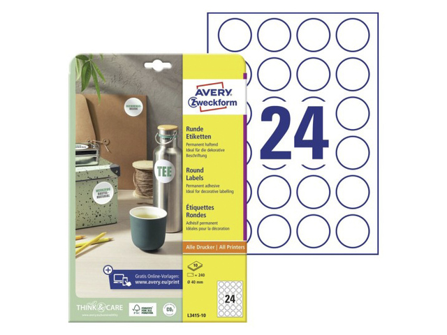 Etiket Avery 40mm rond wit permanent, 24 per vel, 10 vel