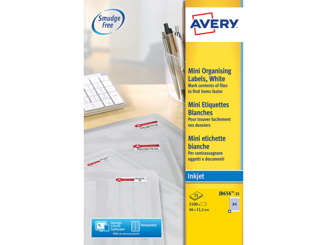 Inkjetetiket Avery 46x11,1mm wit doos 25 vel 84 et. per vel