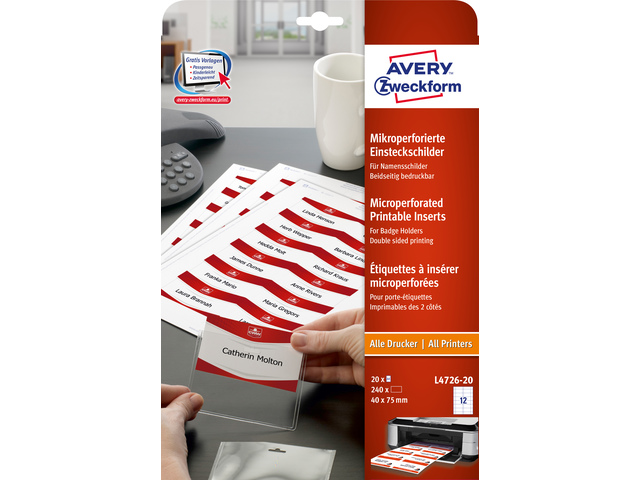 Badge insteekkaart Avery 40x 75mm wit doos 20 vel
