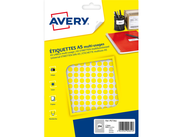 Etiket Avery A5 8mm rond blister 2940st geel