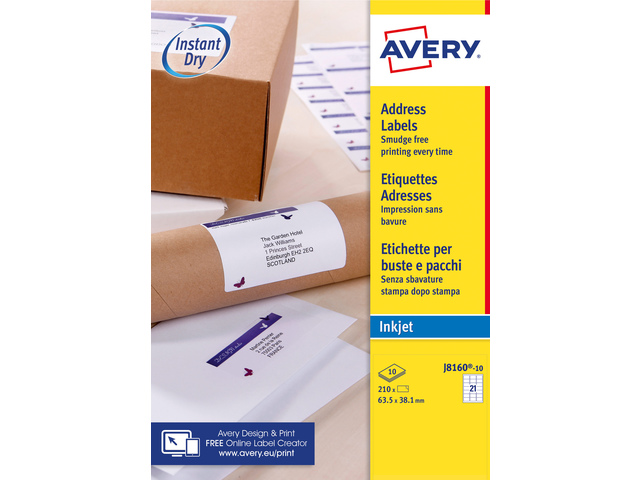 Inkjetetiket Avery 63,5x38,1mm wit doos 10 vel 21 et. per vel