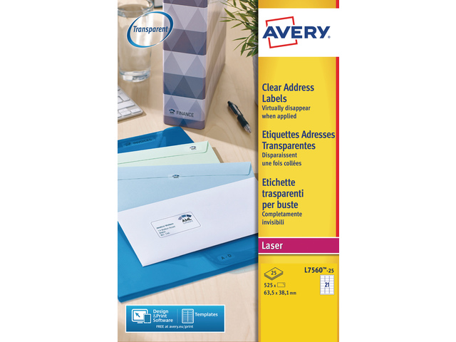 Laseretiket Avery 63,5x38,1mm transp. doos 25 vel 21 et. per