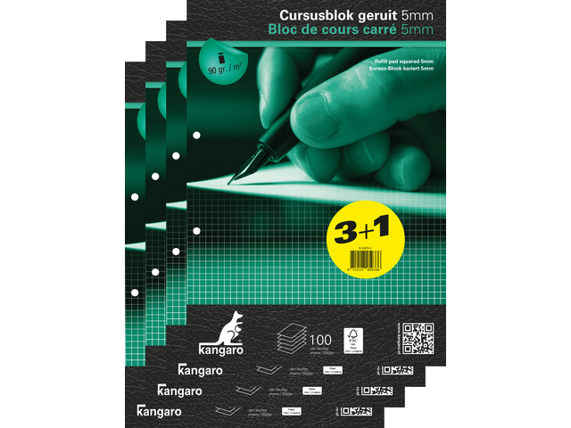 Cursusblok Kangaro A4 ruit 5mm, krimp a 4 pak