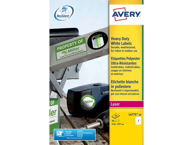 Weerbest. etiket Avery 210x 297mm doos 20 vel 1 etiket per