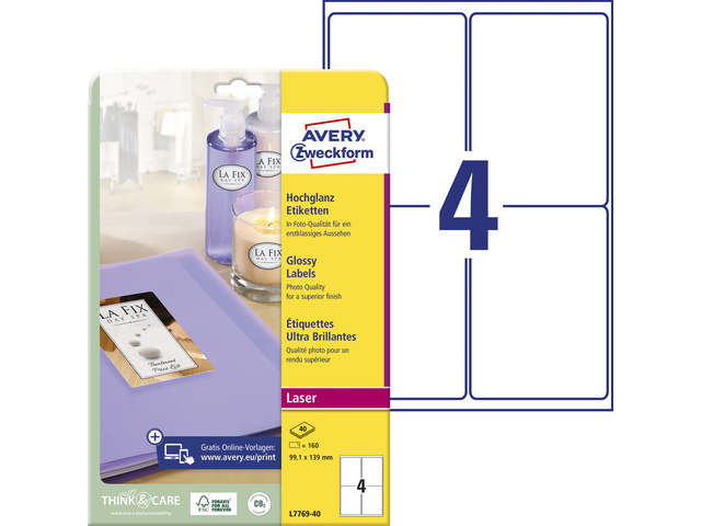 Etiket hoogglans Avery 139x9,1 mm, wit doos 40 vel 4 etik/vel