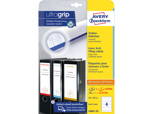 Ordnerrugetiket Avery 192x59mm wit doos 25 vel+ 5 vel extra