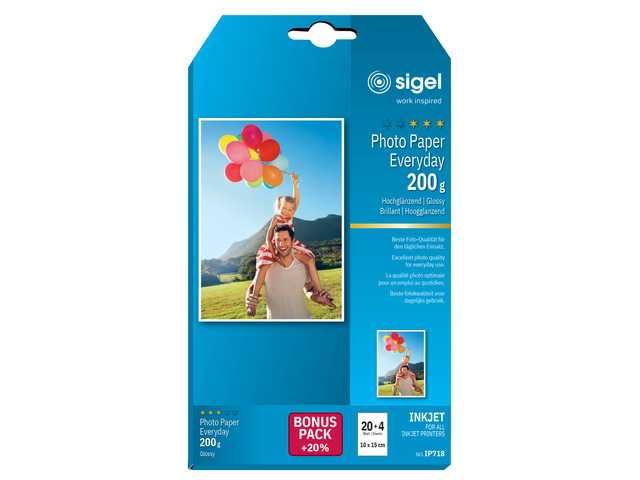 Inkjetfotopapier Sigel 10x15cm Everyday+ 200grs wit 20+4 vel