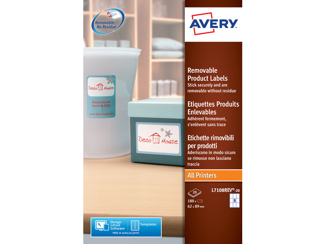 Produktetiket Avery 62x89mm wit NP doos 20 vel 9 et. per v