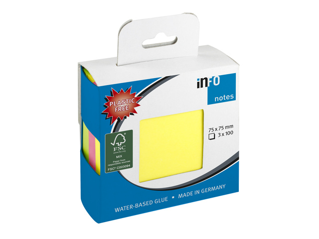 Info notes 75x75mm 3 x 100 blaadjes, 3 kleuren, FSC,