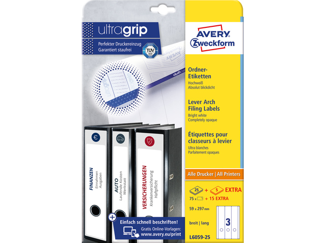 Ordnerrugetiket Avery 297x59 wit doos 25+5 vel 3 et. per ve