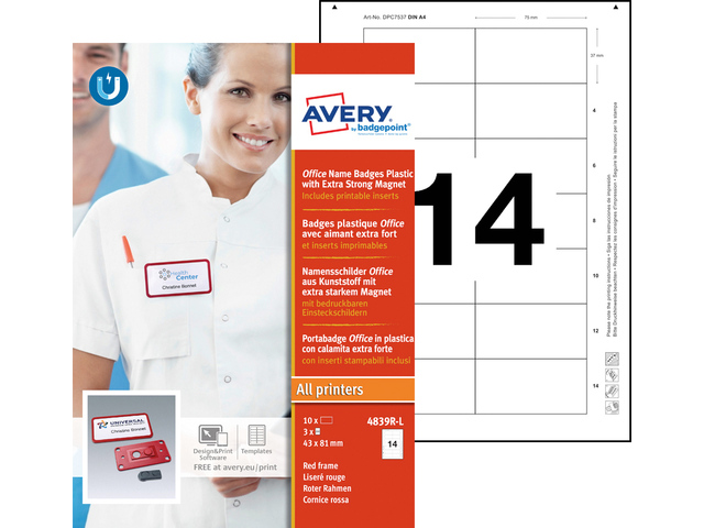 Naambadge Avery Office 43x81 10 x rood extra sterke magneet