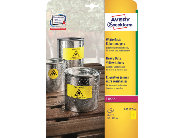 Laseretiket Avery 210x297mm polyester geel doos 20 vel 1 e