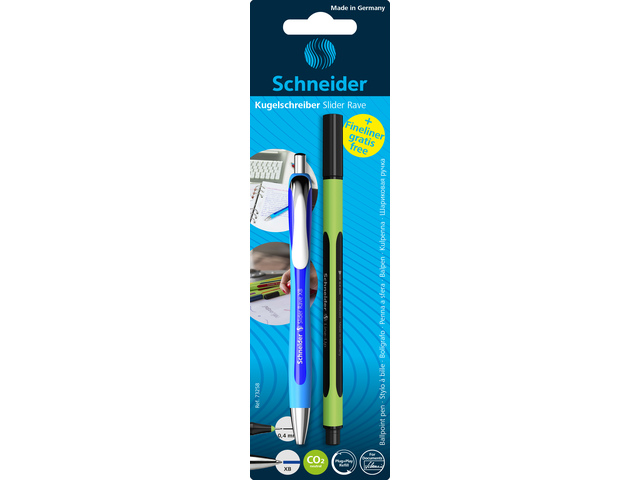 Balpen Schneider Slider Rave blauw+1x gratis Line-up zwart