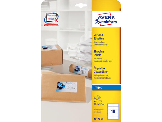 Inkjetetiket Avery 99,1x57mm wit doos 25 vel 10 et. per vel