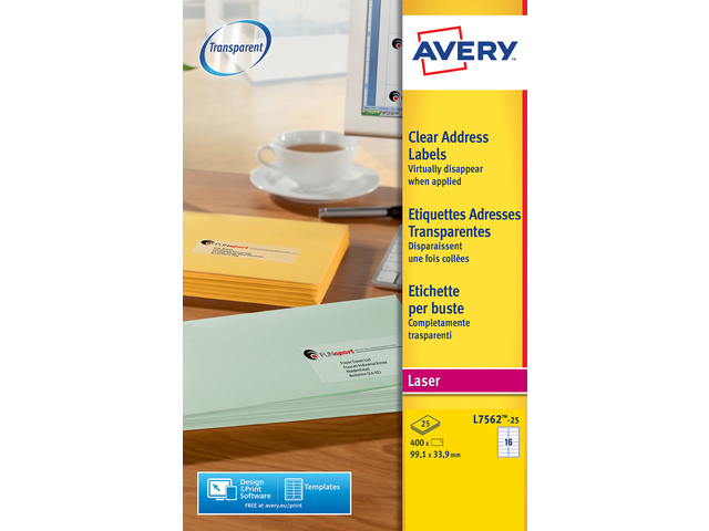 Laseretiket Avery 99,1x33,9mm transp. doos 25 vel 16 et. per