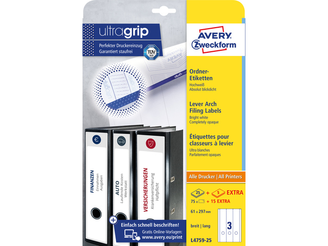 Ordnerruget. Avery 297x61mm doos 25 vel 3 et. per vel wit