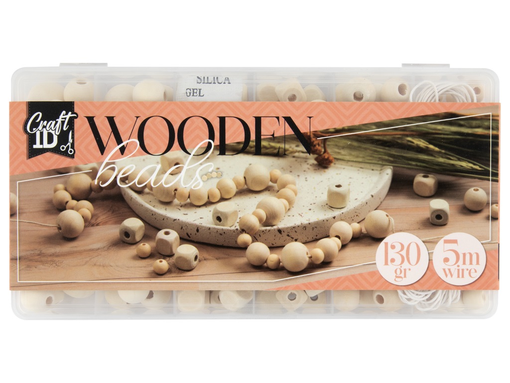 Wooden bead set, 130 gram wooden beads, 5 mtr cord