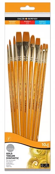 Daler-Rowney Simply Acrylic Brush Set, 10 x Different Golden Taklon Synthetic Hair Brushes,