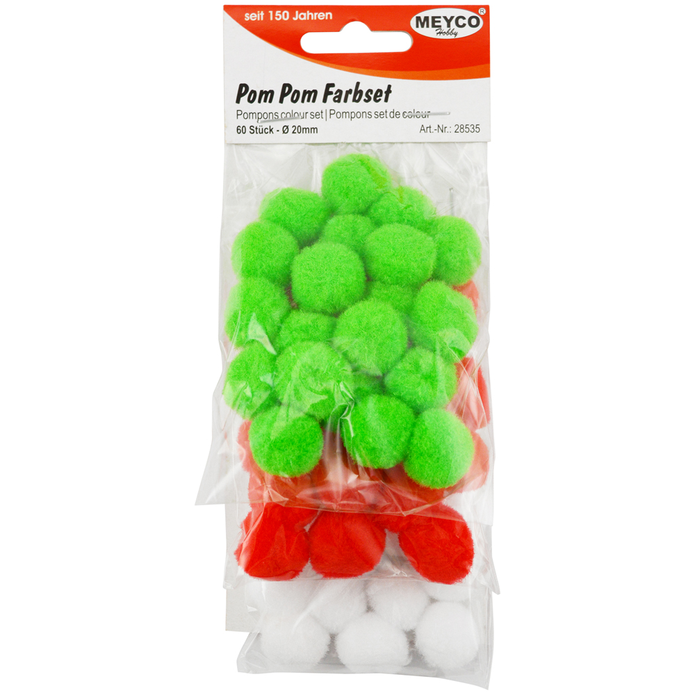 Pom-pom kleurset groen, rood, wit 20mm, 60 stuks