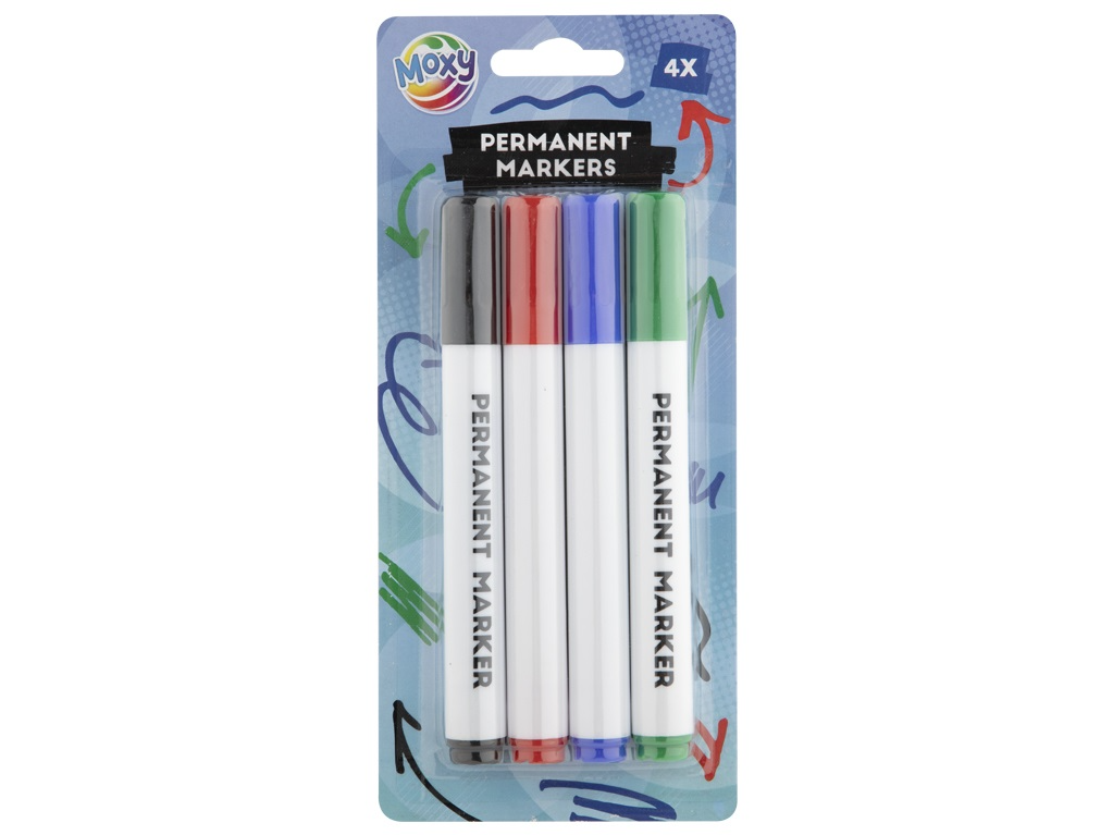 4 Permanent Markers set zwart, rood, blauw, groen