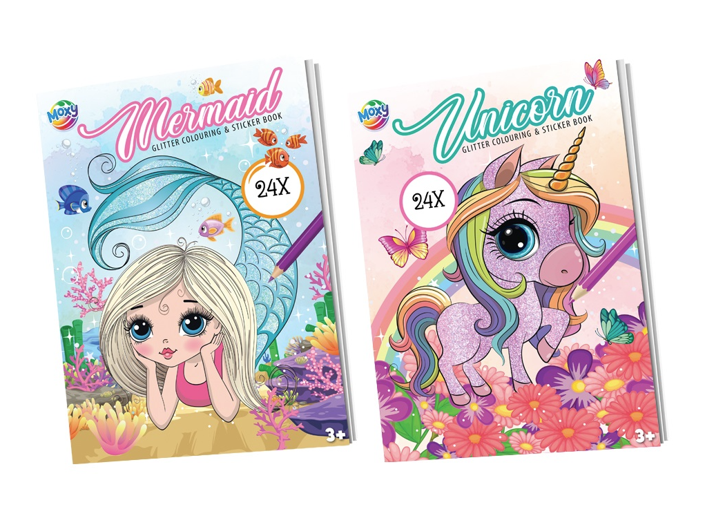 Moxy Glitter Kleur- en Stickerboek 24vel, Eenhorn/Meermin