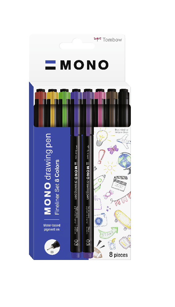 Tombow Drawing pen MONO Gekleurde Fineliner 8 st, dikte 0,3