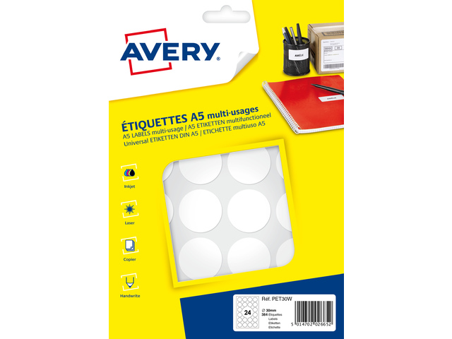 Etiket Avery A5 30mm rond blister 240st wit