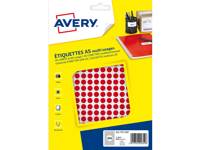 Etiket Avery A5 8mm rond blister 2940st rood