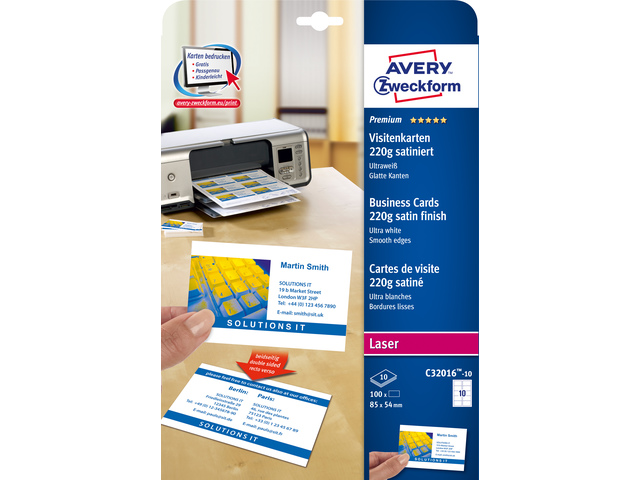 Visitekaartjes Avery 85x54mm 220gr wit mat laser doos 10 ve