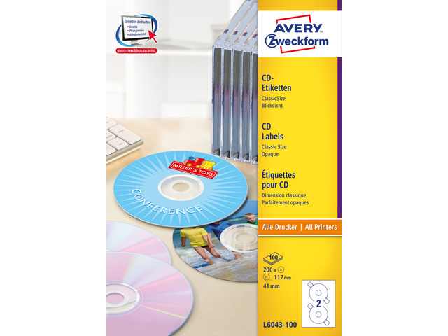 CD etiket Avery 117mm classic size wit doos 100 vel 2 et. pe