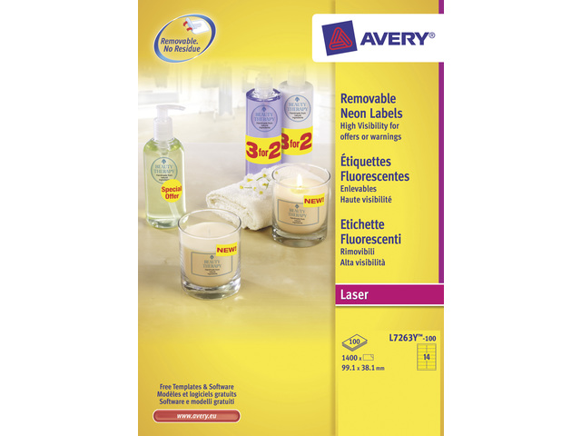 Adresetiket Avery 99,1x38,1mm neongeel doos 100 vel 14 et. p
