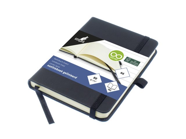 Notitieboek Kangaro A6 zwart lijn PU HC 96 vel 80 grams