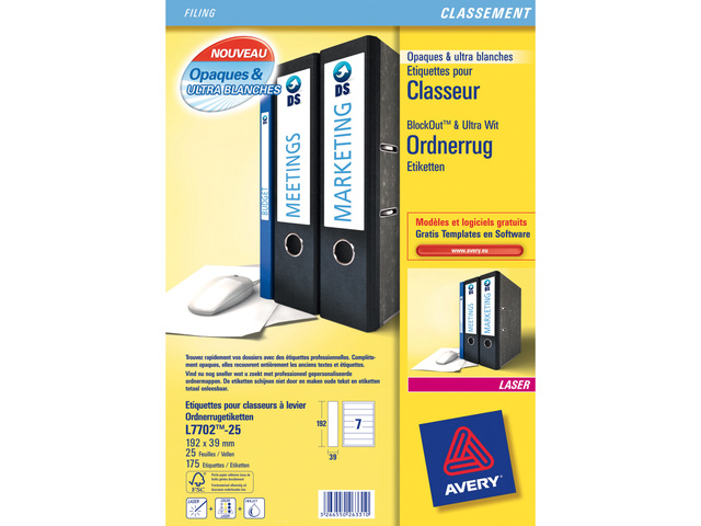 Ordnerrugetiket Avery 192x39mm wit doos 25 vel 7 et. per vel