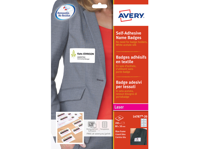 Badge etiket Avery 50x80mm wit, blauw kader NP doos 20 ve